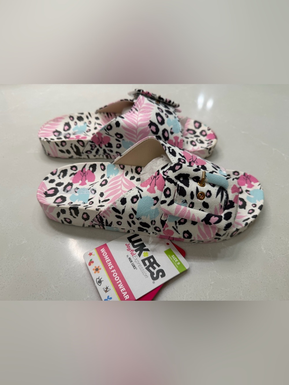 NWT LUKEES by MUK LUKS Island Tiki Footbed Slide Sandals Pink Tropical Leopard 9